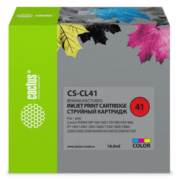 Картридж струйный Cactus CS-CL41 CL-41 голубой/пурпурный/желтый (18мл) для Canon Pixma MP150/MP160/MP170/MP180/MP210/MP220/MP450/MP460/MP470/iP1200/iP1300/iP1600/iP1700/iP1800/iP190 с чипом