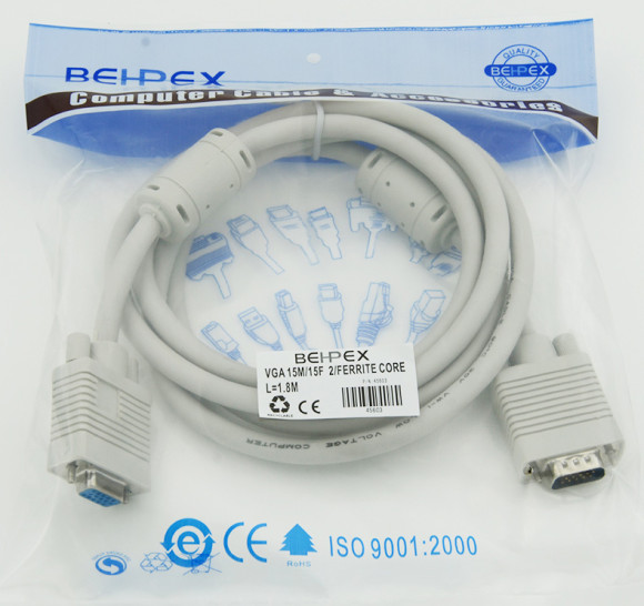 Кабель VGA (m) VGA (f) 1.8м феррит.кольца серый