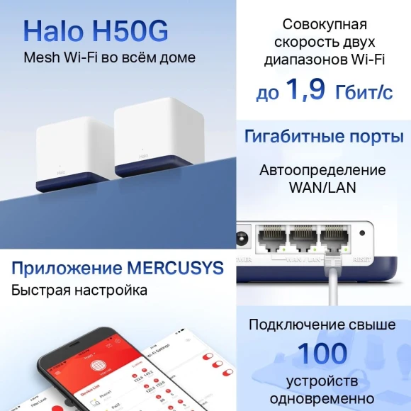 Бесшовный Mesh роутер Mercusys Halo H50G (HALO H50G(2-PACK)) AC1900 10/100/1000BASE-TX белый (упак.:2шт)