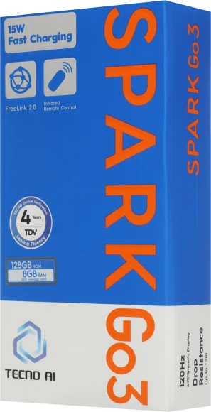 Смартфон Tecno Spark Go 3 128Gb 4Gb синий моноблок 3G 4G 2Sim 6.75" 720x1600 Android 15 13Mpix 802.11 a/b/g/n/ac GPS GSM900/1800 Protect microSD max1024Gb
