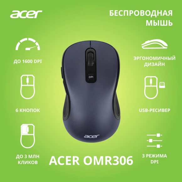 Мышь Acer OMR306 черный/серый оптическая 1600dpi беспров. USB 6but (ZL.MCECC.021)