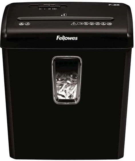 Шредер Fellowes PowerShred Р-30С черный (секр.P-4) фрагменты 6лист. 15лтр. скрепки скобы пл.карты
