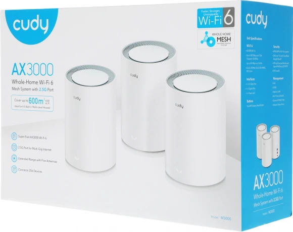 Бесшовный Mesh роутер Cudy M3000 (M3000(3-PACK) WHITE) AX3000 100/1000/2500BASE-T белый (упак.:3шт) Бесшовный Mesh роутер Cudy M3000 (M3000(3-PACK) WHITE) AX3000 100/1000/2500BASE-T белый (упак.:3шт)