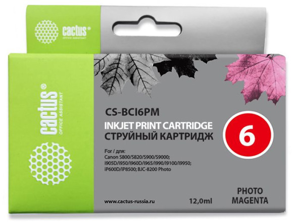 Картридж струйный Cactus CS-BCI6PM светло-пурпурный (12мл) для Canon BJC-8200/MP750/MP760/MP780/iP4000/iP5000/iP6000D/iP8500/S800/S820D/S830D/S900/S9000/i865/i905D/i9100/i950/i965/i990/i9900/i9951 с чипом