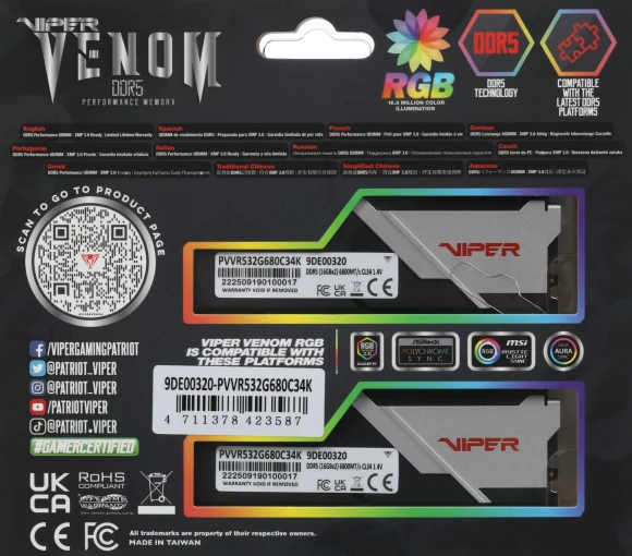 Память DDR5 2x16Gb 6800MHz Patriot PVVR532G680C34K Viper Venom RGB RTL Gaming PC5-54400 CL34 DIMM 288-pin 1.4В kit с радиатором Ret