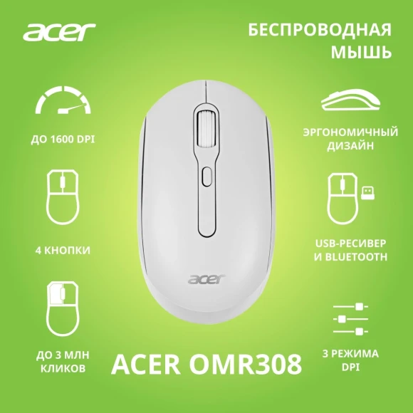 Мышь Acer OMR308 белый оптическая 1600dpi беспров. BT/Radio USB 4but (ZL.MCECC.023)