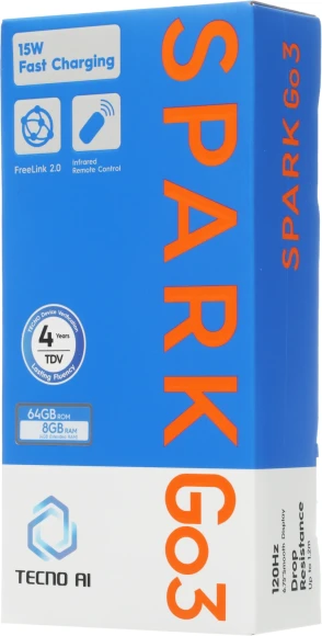 Смартфон Tecno Spark Go 3 64Gb 4Gb черный моноблок 3G 4G 2Sim 6.75" 720x1600 Android 15 13Mpix 802.11 a/b/g/n/ac GPS GSM900/1800 Protect microSD max1024Gb