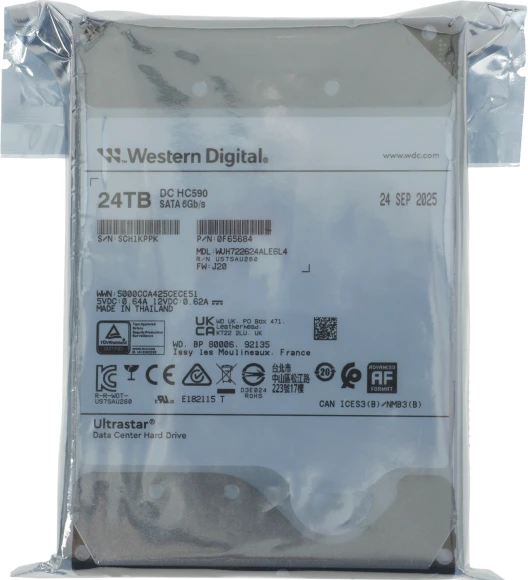 Жесткий диск WD SATA-III 24TB 0F65684 WUH722624ALE6L4 Ultrastar DC HC590 4KN (7200rpm) 512Mb 3.5"