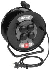 Удлинитель силовой Rexant КГ (13-5011) 3x1.5кв.мм 4розет. 30м КГ 16A метал.катушка черный Удлинитель силовой Rexant КГ (13-5011) 3x1.5кв.мм 4розет. 30м КГ 16A метал.катушка черный