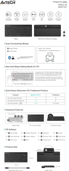 Клавиатура A4Tech Fstyler FBK22 AS черный USB беспроводная BT/Radio (FBK22 AS) Клавиатура A4Tech Fstyler FBK22 AS черный USB беспроводная BT/Radio (FBK22 AS)