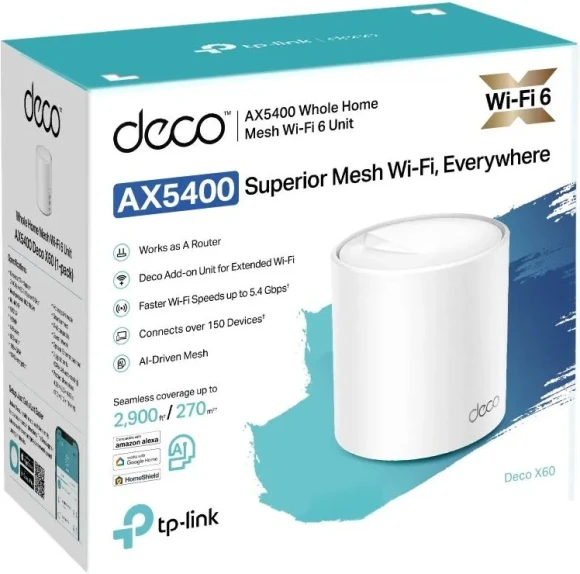 Бесшовный Mesh роутер TP-Link Deco X60(1-pack) AX5400 10/100/1000BASE-TX белый