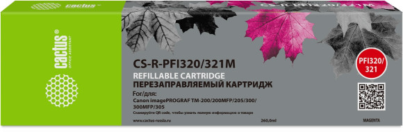 Картридж перезаправляемый струйный Cactus CS-R-PFI320/321M PFI-320/321M пурпурный (260мл) для Canon imagePROGRAF TM-200/200MFP/205/300/300MFP/305 без чипа