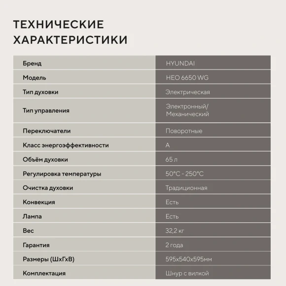 Духовой шкаф Электрический Hyundai HEO 6650 WG белый