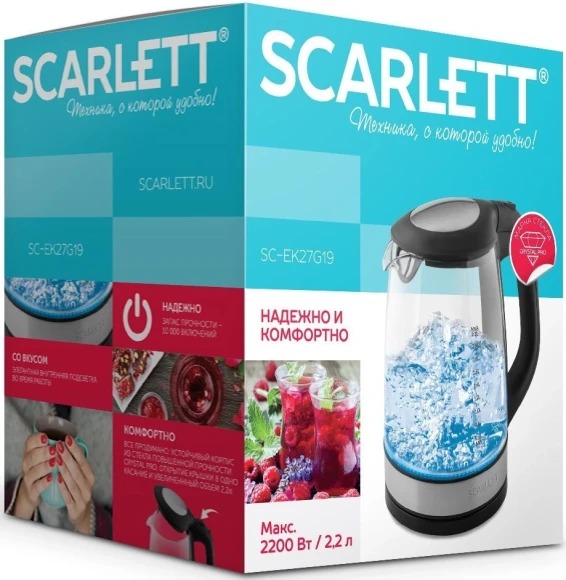 Чайник электрический Scarlett SC-EK27G19 2.2л. 2200Вт черный/серебристый корпус: стекло/металл (EK27G19) Чайник электрический Scarlett SC-EK27G19 2.2л. 2200Вт черный/серебристый корпус: стекло/металл (EK27G19)