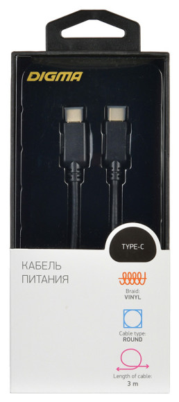 Кабель Digma Power Delivery 60W PD-60W-3M USB Type-C (m)-USB Type-C (m) 3м черный Кабель Digma Power Delivery 60W PD-60W-3M USB Type-C (m)-USB Type-C (m) 3м черный