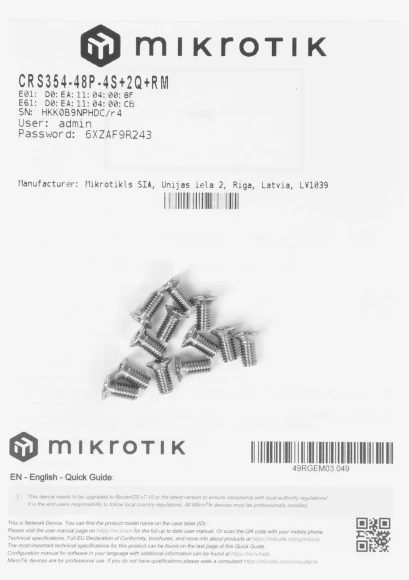 Коммутатор MikroTik CRS354-48P-4S+2Q+RM (L3) 1x100Мбит/с 48x1Гбит/с 4SFP+ 2xQSFP+ 48PoE+ 700W управляемый