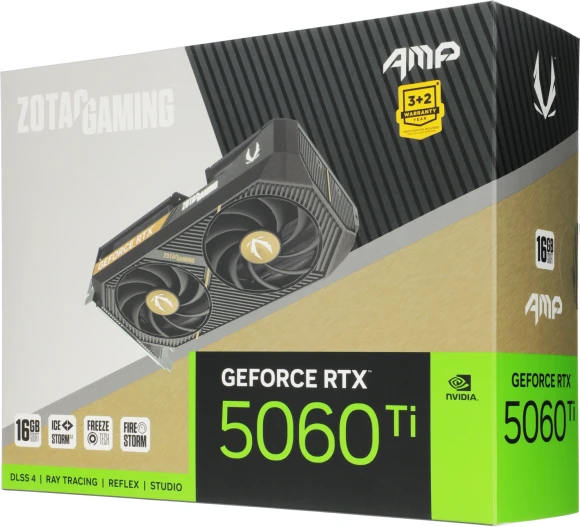 Видеокарта Zotac PCI-E 5.0 RTX 5060TI 16GB AMP NVIDIA GeForce RTX 5060TI 16Gb 128bit GDDR7 2632/28000 HDMIx1 DPx3 HDCP Ret Видеокарта Zotac PCI-E 5.0 RTX 5060TI 16GB AMP NVIDIA GeForce RTX 5060TI 16Gb 128bit GDDR7 2632/28000 HDMIx1 DPx3 HDCP Ret