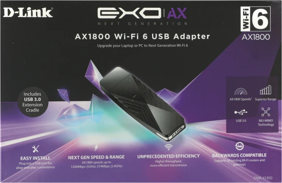 Сетевой адаптер Wi-Fi D-Link DWA-X1850 DWA-X1850/A1A AX1800 USB 3.0 (ант.внутр.) 2ант.
