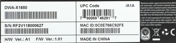 Сетевой адаптер Wi-Fi D-Link DWA-X1850 DWA-X1850/A1A AX1800 USB 3.0 (ант.внутр.) 2ант.