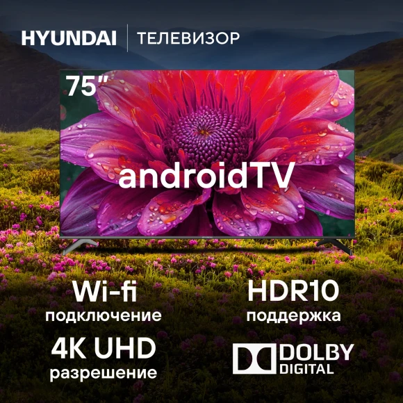 Телевизор LED Hyundai 75" H-LED75BU7006 Android TV Frameless черный 4K Ultra HD 60Hz DVB-T DVB-T2 DVB-C DVB-S DVB-S2 USB WiFi Smart TV