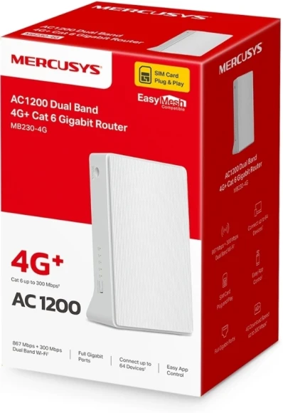 Роутер беспроводной Mercusys MB230-4G AC1200 10/100/1000BASE-TX/4G cat.6 белый Роутер беспроводной Mercusys MB230-4G AC1200 10/100/1000BASE-TX/4G cat.6 белый