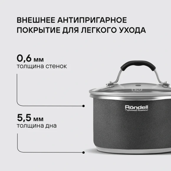 Ковш Rondell Stern RDS-008 1.9л. d=16см (с крышкой) темно-серый