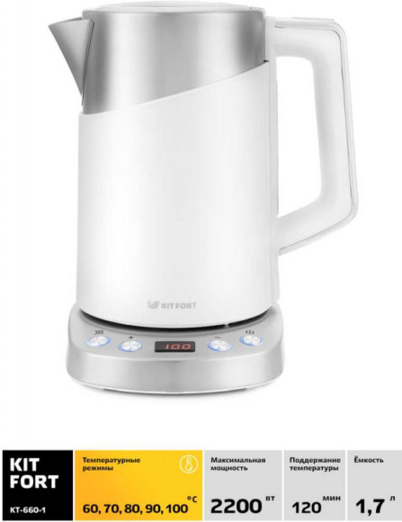 Чайник электрический Kitfort КТ-660-1 1.7л. 2200Вт белый корпус: металл/пластик