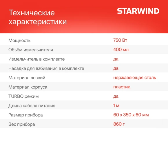 Блендер погружной Starwind SBP1113 750Вт белый/зеленый