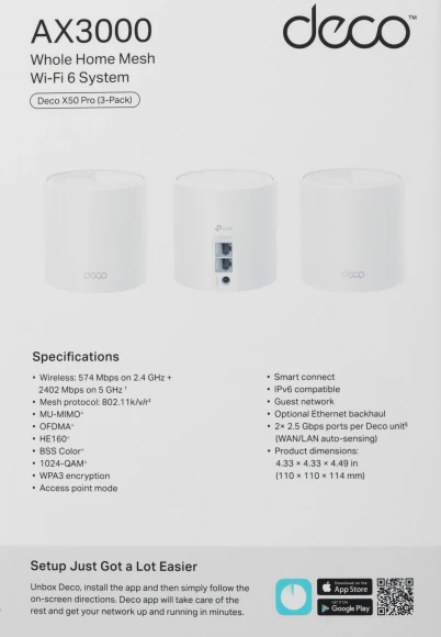 Бесшовный Mesh роутер TP-Link Deco X50 Pro (DECO X50 PRO(3-PACK)) AX3000 100/1000/2500BASE-T белый (упак.:3шт)