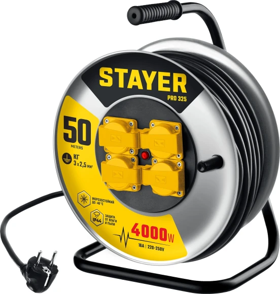 Удлинитель силовой Stayer 55076-50_z01 3x2.5кв.мм 4розет. 50м КГ катушка черный