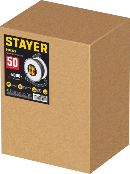 Удлинитель силовой Stayer 55076-50_z01 3x2.5кв.мм 4розет. 50м КГ катушка черный