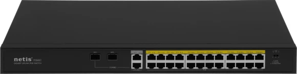 Коммутатор Netis P124GH (L2) 24x100Мбит/с 2x1Гбит/с 1xКомбо(1000BASE-T/SFP) 1SFP 24PoE 24PoE+ 360W неуправляемый