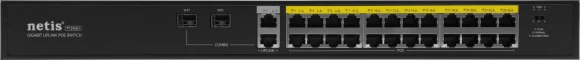 Коммутатор Netis P124GH (L2) 24x100Мбит/с 2x1Гбит/с 1xКомбо(1000BASE-T/SFP) 1SFP 24PoE 24PoE+ 360W неуправляемый