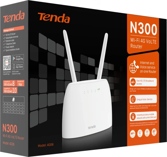Роутер беспроводной Tenda 4G06 N300 10/100BASE-TX/4G cat.4 белый Роутер беспроводной Tenda 4G06 N300 10/100BASE-TX/4G cat.4 белый