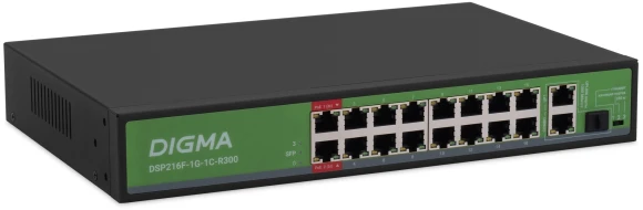 Коммутатор Digma DSP216F-1G-1C-R300 (L2) 16x100Мбит/с 1x1Гбит/с 1xКомбо(1000BASE-T/SFP) 16PoE 16PoE+ 2PoE++ 300W неуправляемый