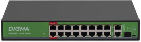 Коммутатор Digma DSP216F-1G-1C-R300 (L2) 16x100Мбит/с 1x1Гбит/с 1xКомбо(1000BASE-T/SFP) 16PoE 16PoE+ 2PoE++ 300W неуправляемый