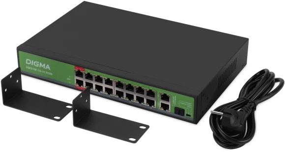 Коммутатор Digma DSP216F-1G-1C-R300 (L2) 16x100Мбит/с 1x1Гбит/с 1xКомбо(1000BASE-T/SFP) 16PoE 16PoE+ 2PoE++ 300W неуправляемый