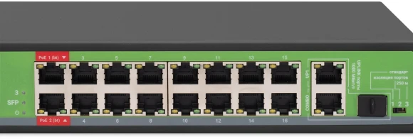 Коммутатор Digma DSP216F-1G-1C-R300 (L2) 16x100Мбит/с 1x1Гбит/с 1xКомбо(1000BASE-T/SFP) 16PoE 16PoE+ 2PoE++ 300W неуправляемый