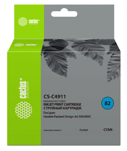Картридж струйный Cactus CS-C4911 №82 голубой (72мл) для HP DJ 500/800C с чипом