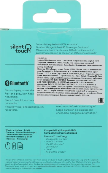 Мышь Logitech M240 белый оптическая 4000dpi silent беспров. BT для ноутбука 2but (910-007120)