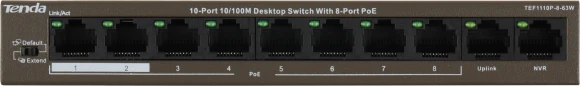 Коммутатор Tenda TEF1110P-8-63W (L2) 10x100Мбит/с 8PoE 58W неуправляемый Коммутатор Tenda TEF1110P-8-63W (L2) 10x100Мбит/с 8PoE 58W неуправляемый