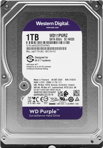 Жесткий диск WD SATA-III 1TB WD11PURZ Surveillance Purple (5400rpm) 64Mb 3.5"