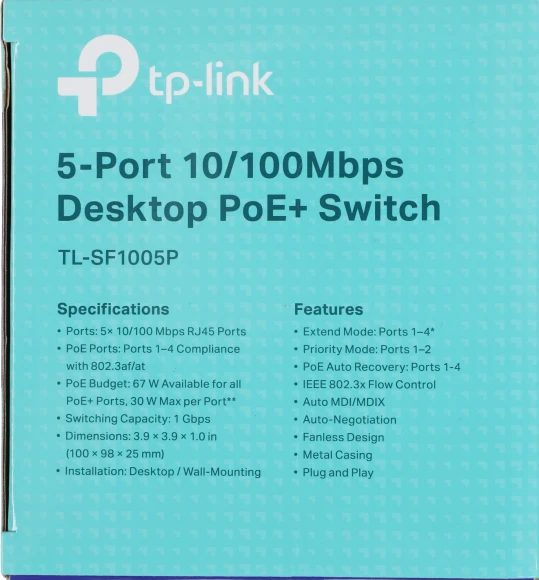 Коммутатор TP-Link TL-SF1005P (L2) 5x100Мбит/с 4PoE 58W неуправляемый