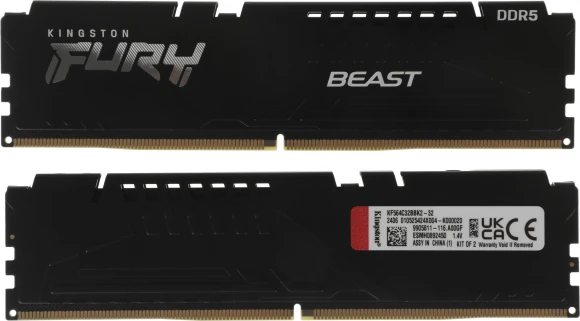Память DDR5 2x16GB 6400MHz Kingston KF564C32BWK2-32 Fury Beast RTL Gaming PC5-51200 CL32 DIMM 288-pin 1.4В kit dual rank с радиатором Ret