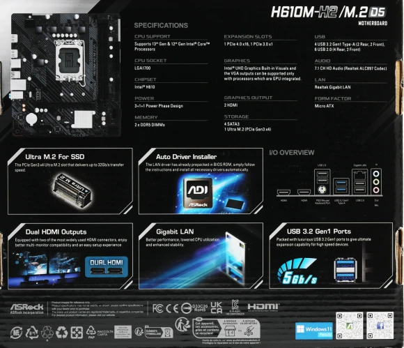 Материнская плата Asrock H610M-H2/M.2 D5 Soc-1700 Intel H610 2xDDR5 mATX AC`97 8ch(7.1) GbLAN+HDMI Материнская плата Asrock H610M-H2/M.2 D5 Soc-1700 Intel H610 2xDDR5 mATX AC`97 8ch(7.1) GbLAN+HDMI