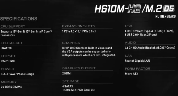 Материнская плата Asrock H610M-H2/M.2 D5 Soc-1700 Intel H610 2xDDR5 mATX AC`97 8ch(7.1) GbLAN+HDMI Материнская плата Asrock H610M-H2/M.2 D5 Soc-1700 Intel H610 2xDDR5 mATX AC`97 8ch(7.1) GbLAN+HDMI