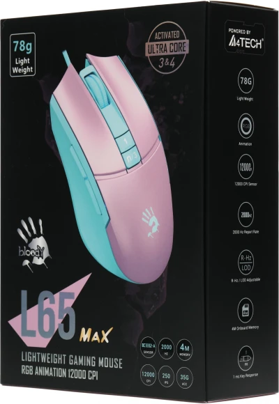 Мышь A4Tech Bloody L65 Max розовый/голубой оптическая 12000dpi USB 6but (L65 MAX/SKY PINK)