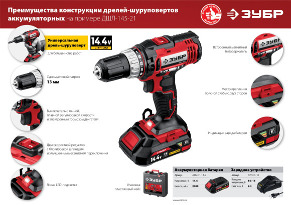 Дрель-шуруповерт Зубр ДШЛ-145-21 аккум. патрон:быстрозажимной Дрель-шуруповерт Зубр ДШЛ-145-21 аккум. патрон:быстрозажимной