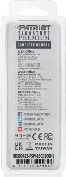 Память DDR4 16GB 3200MHz Patriot PSP416G3200H1 Signature Premium RTL PC4-25600 CL22 DIMM 288-pin 1.2В dual rank с радиатором Ret Память DDR4 16GB 3200MHz Patriot PSP416G3200H1 Signature Premium RTL PC4-25600 CL22 DIMM 288-pin 1.2В dual rank с радиатором Ret