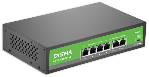 Коммутатор Digma DSP204F-2F-T80 DSP204F-2F-T80 V1 (L2) 6x100Мбит/с 4PoE 4PoE+ 80W неуправляемый Коммутатор Digma DSP204F-2F-T80 DSP204F-2F-T80 V1 (L2) 6x100Мбит/с 4PoE 4PoE+ 80W неуправляемый
